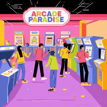 A retro arcade with a vibrant atmosphere filled with bright neon lights. Classic video game machines line the walls, featuring colorful screens displaying iconic game graphics. The arcade floor is bustling with a diverse group of players enjoying various games. Some machines have joysticks and buttons, while others are large cabinets with screens showcasing classic titles. A large sign above the entrance reads "Arcade Paradise" in bold, colorful letters. A few game tokens are scattered on the floor, adding to the nostalgic ambiance.
