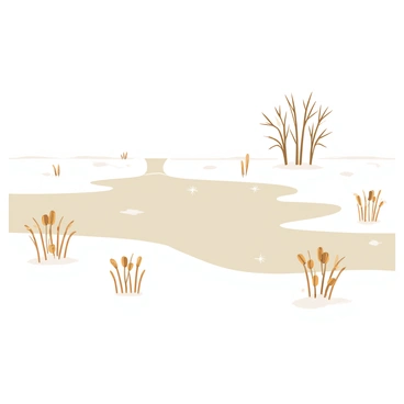 A marshland scene featuring a light dusting of white snow covering the ground. Patches of brown reeds protrude from the snow, adding texture to the landscape. Sections of water are visible, with a glossy, frozen surface reflecting the pale winter light. A few scattered snowflakes can be seen gently falling in the air, enhancing the wintry atmosphere. In the distance, a cluster of barren trees stands against the sky, their branches lightly coated with snow.