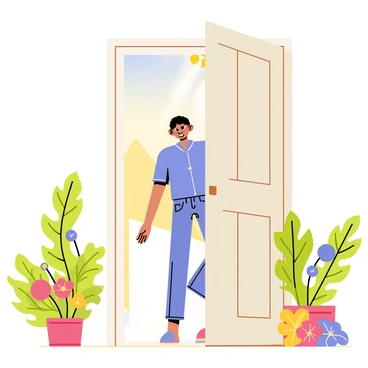A person with short brown hair is stepping through an open door. The door is framed in light wood, swinging wide to reveal a scene filled with bright, warm colors. Sunlight pours in, illuminating the figure's face with a hopeful expression. The person is wearing a casual blue shirt and jeans. Surrounding the doorway are lush green plants and colorful flowers, adding to the vibrant atmosphere. The background hints at a sunny day, with a clear blue sky visible beyond the door.