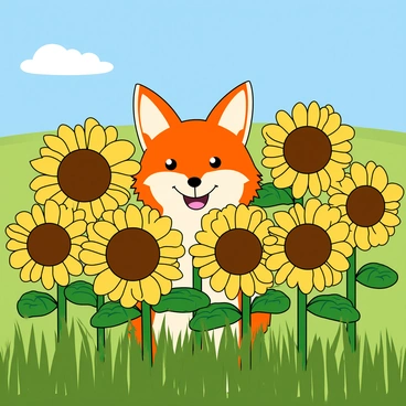 A cheerful fox face with orange fur and bright white markings is prominently featured in the center of the image. The fox has large, expressive eyes and a playful smile. Surrounding the fox are vibrant yellow sunflowers, their large circular heads turned towards the sun. The sunflowers have rich green leaves, and the background reveals a clear blue sky with a few fluffy white clouds. The field is lush and filled with green grass, adding to the lively atmosphere. The overall scene conveys a sense of warmth and joy.