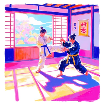 Two martial artists are engaged in a sparring match inside a traditional dojo. One martial artist, wearing a white gi, is in a forward stance, showcasing a high kick aimed at the opponent. The second martial artist, dressed in a black gi, is positioned in a defensive stance, preparing to counter the attack. The dojo features wooden beams and tatami mats, creating an authentic atmosphere. In the background, there are traditional wall scrolls depicting martial arts symbols. Sunlight filters through shoji screens, casting soft shadows on the floor.