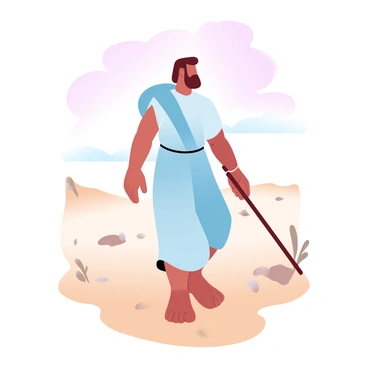 A figure resembling "John the Baptist" is walking steadily across a barren, sandy landscape. The terrain features scattered rocks and sparse patches of dried vegetation. The figure is dressed in a loose, flowing robe that drapes around his body, with a simple belt cinching at the waist. In his hand, he holds a wooden staff, which rests against the ground as he walks. The sky above is a gradient of pastel colors, transitioning from soft pinks to light blues, creating a subtle backdrop to the scene. The horizon is distant, emphasizing the isolation of the landscape around him.