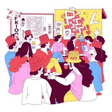 A vibrant gathering of individuals at a lively party. Each person is wearing unique hats designed like crossword puzzles, with various letters and black squares. The hats are in two distinct colors, one being red and the other being yellow. Laughter and conversations fill the air as some people hold drinks while others are animatedly discussing the puzzles on their hats. Colorful decorations adorn the party space, creating a festive atmosphere, and a large banner that says "Fun Party!" can be seen in the background, adding to the celebratory mood.