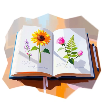 An open sketchbook displaying hand-drawn illustrations of various plants and flowers.