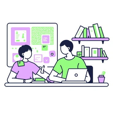 A designer is seated at a modern desk, reviewing a creative brief. The designer has short hair and is wearing a casual shirt. Surrounding the desk are various mood boards and sketches displayed prominently. The mood boards feature a range of textures and patterns, while the sketches include illustrations of potential design concepts. Several sticky notes are scattered across the desk, each with handwritten notes. A laptop is open in front of the designer, displaying digital design software. In the background, there are shelves filled with books on design and art.