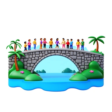 A bridge constructed from various words, visually interwoven to form a sturdy structure. This bridge spans between two lush green islands, surrounded by shimmering blue water. Groups of people are seen walking across the bridge, each engaged in conversation, some laughing while others appear contemplative. The people are diverse, showcasing a variety of clothing styles and colors. The islands feature vibrant vegetation, with palm trees and flowers dotting the landscape. The sky above is bright and clear, enhancing the overall vividness of the scene.
