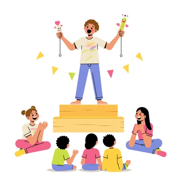 A child with short brown hair is standing on a small wooden stage, joyfully performing a puppet show. The child is wearing a colorful t-shirt and has a bright smile. In each hand, the child holds a whimsical sock puppet; one puppet is colorful with big googly eyes, and the other is a simple design with a smile. In front of the stage, a group of three friends, two girls and a boy, are sitting on the floor, watching with delight. The friends are laughing and clapping, clearly enjoying the show. The background has colorful decorations, adding to the playful atmosphere of the puppet show.