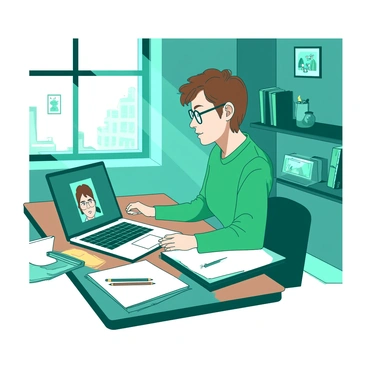A teal illustrator is sitting at a wooden desk with a laptop open in front of them. The laptop screen displays a video call interface with a visible client on the screen, who is shown in a small window. The illustrator has short brown hair and is wearing glasses, focused on the conversation. On the desk, there are sketchbooks and colored pencils scattered around. A bright light source from a nearby window illuminates the workspace, creating a productive atmosphere. In the background, there are shelves filled with art supplies and framed illustrations hanging on the wall.