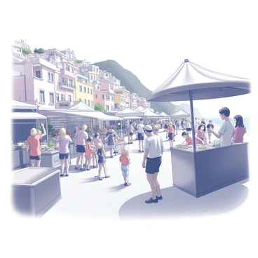 A vibrant summer festival scene set in Positano, showcasing a lively atmosphere. There are numerous colorful food stalls lining the streets, each with various food items displayed. Families and children are participating in fun activities, such as games and crafts, while people enjoy live music performed on a small stage. The background features the distinct architecture of Positano, with pastel-colored buildings cascading down the hillside. The sky is clear, adding to the warm ambiance of the festival.