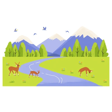 A detailed illustration of a landscape featuring towering mountains with snow-capped peaks in the background. A wide, flowing river runs through the foreground, reflecting the blue sky above. Lush green trees line the riverbanks, providing a habitat for various wildlife. A family of deer grazes peacefully near the water's edge, while colorful birds soar through the sky. In the distance, small patches of wildflowers add splashes of color to the lush greenery.
