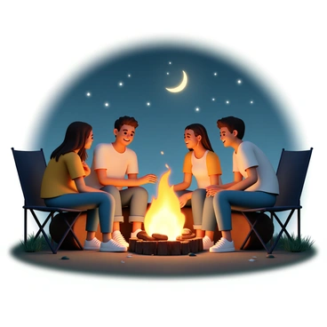 A group of five friends, sitting around a bright campfire, creating a warm glow in the darkness. They are sitting on logs and camping chairs, wearing casual clothing such as t-shirts, jeans, and jackets. The flames of the campfire dance, casting flickering shadows on their faces. One friend, a woman with long brown hair, is animatedly telling a story, while the others listen with smiles and laughter. In the background, a starry night sky is visible, with twinkling stars and a crescent moon shining down on the gathering. The ground is covered in grass and small rocks, adding to the outdoor ambiance.