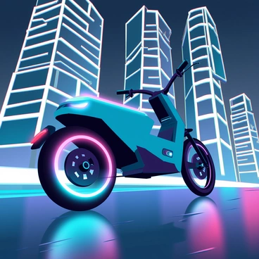 A sleek, futuristic smart bike with glowing LED lights cruising through a neon-lit city