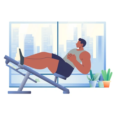 A city gym features a person with medium skin tone using a leg press machine. The individual has short black hair and is wearing a fitted gray tank top and black athletic shorts. The leg press machine is metallic and sturdy, positioned in front of large floor-to-ceiling windows. Outside the windows, a skyline of tall skyscrapers is visible, their glass façades reflecting sunlight. The gym is well-lit with modern lighting and has various gym equipment arranged neatly around the space. A few potted plants are placed near the windows, adding a touch of greenery to the urban setting.