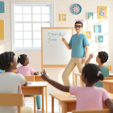 A bright and cheerful classroom filled with colorful posters on the walls. In the front, a teacher, wearing glasses, a blue shirt, and beige pants, stands beside a whiteboard. The whiteboard displays the concept of "expanded form" with clear, large handwriting. The teacher is pointing at the board, smiling, and engaging with the students. Several children are seated at wooden desks, attentively watching and taking notes, while some have their hands raised. Sunlight streams through the windows, illuminating the classroom.