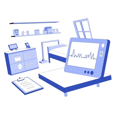 A heartbeat monitor is positioned prominently on a bedside table in a hospital room. The screen displays a series of vital signs in the form of waveforms, with a clear representation of heart rate, pulse, and blood pressure readings. Next to the monitor, there is a clipboard holding medical charts and notes. A hospital bed is visible in the background, neatly made with white linens. There is a window with light filtering in, illuminating the sterile environment. Medical equipment is organized on shelves, and an IV stand stands near the bed.