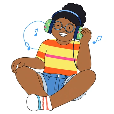 A cartoon girl with medium skin and curly black hair is sitting comfortably. She is wearing large, round glasses that highlight her bright, expressive eyes. Her outfit consists of a colorful striped t-shirt and denim shorts. The girl has oversized headphones resting on her head, decorated with fun, bright patterns. She is smiling as she listens to music, with musical notes illustrated around her to show the rhythm. Her legs are crossed, and she has one hand resting on her knee while the other hand gently adjusts the headphones. The background is a simple, light color that adds to the cheerful atmosphere.