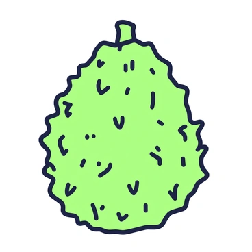 A close-up illustration of a jackfruit showcases its bumpy exterior texture. The surface is covered in prominent, protruding spiky nodules that vary in size and shape. Each bump has subtle indentations, contributing to the overall rugged appearance. The jackfruit is shown on a plain background, allowing focus on the intricate details of its textured skin. The illustration captures the unique form and complexity of the jackfruit's exterior.