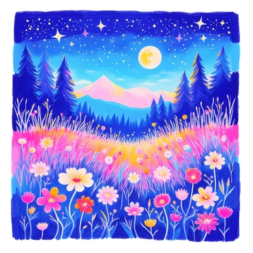 A magical scene depicts "glowing flowers" of various shapes and sizes, illuminating the surrounding area with soft, ethereal light. The flowers are nestled among lush green grass, their vibrant colors contrasting against the dark earth. Above, the "starry night sky" is filled with countless twinkling stars, some appearing larger and brighter than others. The moon casts a gentle glow, enhancing the enchanting atmosphere. In the distance, silhouettes of trees frame the scene, adding depth to the landscape.