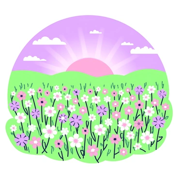 A vast flower field stretches into the distance, filled with various flowers in full bloom. The flowers are swaying gently in a light breeze, creating a vibrant tapestry of colors. The sky above is transitioning to twilight, featuring a gradient as the sun sets on the horizon. Soft beams of light filter through, casting gentle shadows and highlighting the contours of the flowers. In the distance, there are rolling hills, adding depth to the landscape, while a few scattered clouds catch the last light of the day.