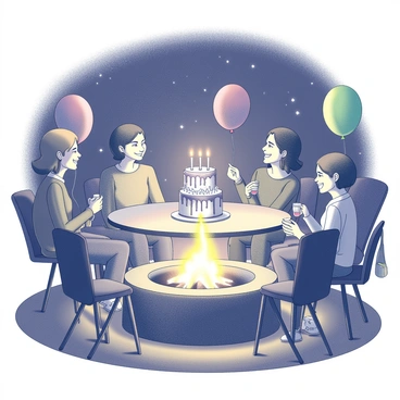 A nighttime birthday celebration around a fire pit. The warm glow of the fire illuminates the area, creating a cozy atmosphere. A round table is set, featuring a large cake with decorative icing placed prominently at the center. Colorful balloons are tied to the back of chairs, adding a festive touch. Several people are gathered around, smiling and sharing laughter, with some holding drinks. The scene captures the joyful ambiance of the celebration under a starlit sky.
