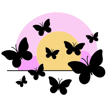 A collection of butterfly silhouettes in various sizes and shapes, positioned against a vibrant sunset background. The sunset features hues of orange, pink, and purple blending together in a gradient. Each butterfly is distinctly outlined, showcasing detailed wing patterns. The overall composition focuses on the contrast between the dark silhouettes of the butterflies and the bright, colorful sky.