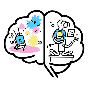 A brain where machines create art on one side and artists design machines on the other