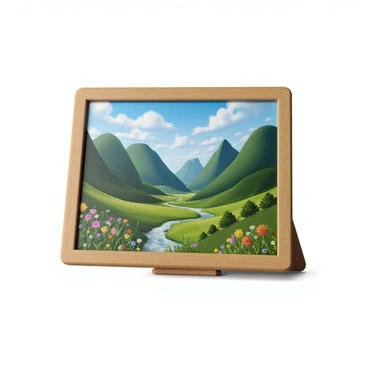 A tiny illustration board displaying a detailed landscape painting. The painting features a lush green valley nestled between towering mountains, with a clear blue sky above. There are fluffy white clouds scattered throughout the sky, and a river runs through the valley, shimmering in the sunlight. In the foreground, there are wildflowers in various colors, creating a vibrant contrast against the greenery. A small wooden frame surrounds the illustration board, adding a touch of elegance to the presentation.