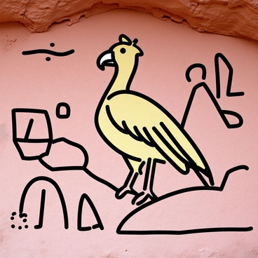 A depiction of a California condor, illustrated in ancient rock art style, located on the wall of a desert cave. The condor is shown in profile, with its large wings extended, revealing detailed feather patterns. Surrounding the condor are simple geometric shapes and lines that signify the desert landscape, including stylized representations of cacti and rocky formations. The cave wall is rugged and textured, with earthy tones of red and brown, providing a natural backdrop to the artwork.