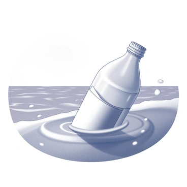 A plastic bottle is partially submerged in the waves of the sea. The bottle is clear, revealing a rolled-up piece of paper inside. The light reflects off the bottle's surface, creating highlights. Surrounding the bottle are gentle waves that ripple outward, and a few small bubbles emerge from beneath the surface. In the background, the sea stretches out towards the horizon, where it meets the sky. The overall scene captures a tranquil yet evocative moment of discovery.