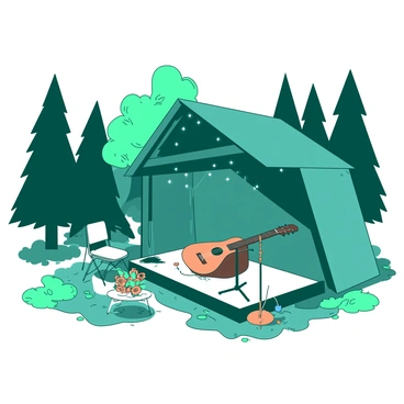 A teal woodland pavilion is surrounded by tall green trees and soft moss-covered ground. Inside the pavilion, there are small white fairy lights hanging from the beams, creating a warm and inviting atmosphere. In the center, there is a wooden stage with an acoustic guitar resting on a stand and a small microphone placed on a stool. Around the stage, neatly arranged white chairs are set up for guests. A delicate arrangement of orange flowers sits on a table nearby, adding a touch of brightness to the serene space. Soft evening light filters through the trees, enhancing the intimate setting for the concert.