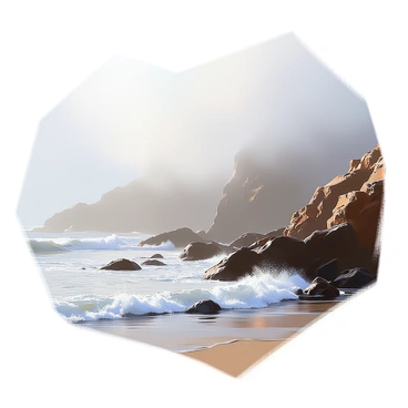 Misty fog rolls in from the sea, creating a soft blanket of gray that envelops the rocky coast. Waves gently crash against the jagged rocks, their tops frothing with white spray. The coastline is rugged and uneven, with dark rocks jutting out dramatically. In the background, faint silhouettes of distant cliffs emerge through the mist, adding depth to the scene. The air appears thick with moisture, and the subtle play of light through the fog creates an ethereal atmosphere.