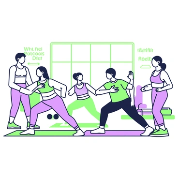A group fitness class is taking place in a spacious studio filled with light. In the center, a diverse group of individuals is engaged in scapular retraction exercises. Each participant is positioned on an exercise mat, focusing intently on their movements. In the foreground, a woman with long hair is performing the exercise with her arms extended, while a man next to her has his arms bent at the elbows, demonstrating proper form. A fitness instructor, standing at the front, is guiding the class with animated gestures. The studio has large windows that allow natural light to illuminate the space, creating a welcoming atmosphere. On the walls, there are motivational quotes that encourage participants. Additionally, fitness equipment such as resistance bands and weights is neatly arranged in the background.