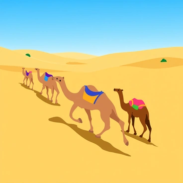 A caravan of camels walking in single file across a vast, golden desert. The camels have light brown fur, with some featuring decorative harnesses in vibrant colors. The desert sand has gentle dunes that create soft shadows. Above, the sky is clear and bright blue, stretching infinitely. In the distance, small tufts of green vegetation can be seen, contrasting with the sandy landscape. The sun casts distinct shadows of the camels on the ground, highlighting their shapes.