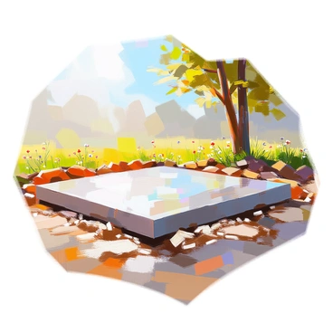 A freshly poured concrete foundation, smooth and grey, is covered with a layer of wet burlap to aid in curing. The foundation is set in a sunlit field, surrounded by green grass and a few scattered wildflowers. In the background, there are trees gently swaying in the breeze, casting dappled shadows on the ground. The bright sun overhead illuminates the scene, enhancing the contrast between the concrete slab and the vibrant colors of the surrounding nature.