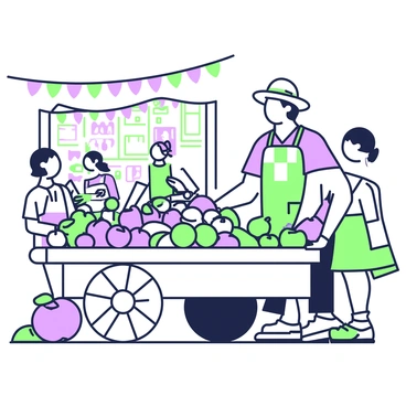 A street vendor is standing behind a wooden cart filled with various fruits. The cart is overflowing with fruits such as apples, bananas, oranges, and grapes. Each type of fruit is carefully arranged, showcasing their shapes and textures. The vendor is wearing a straw hat and a checkered apron, smiling as he interacts with customers. In the background, there are shoppers browsing other stalls, with colorful banners hanging above the market. The scene is lively with people enjoying the atmosphere of the open market.