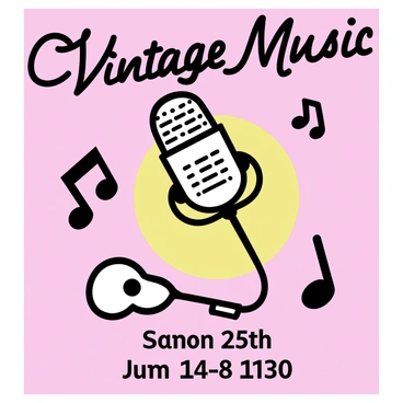 A bright silkscreen poster featuring bold colors and simple graphic elements. At the center, there is a large illustration of a vintage microphone. Surrounding the microphone are musical notes and a guitar, depicted in a minimalist style. The text "Vintage Music Concert" is prominently displayed in large, stylized font at the top. Below the microphone, the date and location of the concert are shown in smaller, clear print. The background is a solid, vibrant color that enhances the overall visual impact.