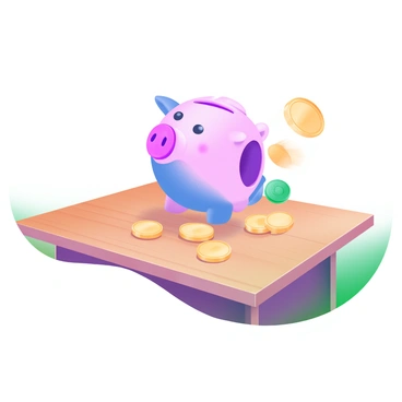 A colorful piggy bank in vibrant hues of pink, blue, and yellow is positioned on a wooden table. The piggy bank has a cheerful expression and is partially opened, with coins spilling out onto the surface. Various shiny coins, reflecting light, are scattered across the wooden table. The wood has a warm, natural texture, creating a cozy atmosphere. A few coins are rolling off the edge of the table, adding a dynamic element to the scene.