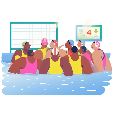 A water polo team consisting of eight players with varying skin tones is huddled together in a swimming pool. They are wearing bright-colored swimsuits, with each player's suit featuring different patterns. The team members are engaged in an animated discussion, with some pointing toward a section of the pool, while others nod in agreement. Sunlight filters down through the water, creating sparkling patterns on the pool floor. The players are partially submerged, with water droplets glistening on their skin as they strategize for their upcoming game. In the background, a scoreboard is visible, displaying the current score.