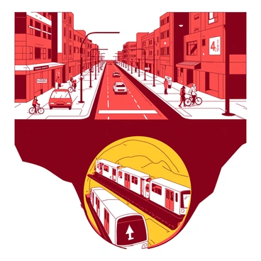 A red urban landscape is depicted, showcasing a bustling street scene above with various buildings, shops, and pedestrians engaged in daily activities. Cars are parked along the sides of the road, and cyclists are riding by. Beneath the surface, a yellow subway tunnel is illustrated, featuring subway cars on tracks and passengers waiting at a platform. The subway tunnel is shown with detailed features such as lights, signage, and benches. The contrast between the vibrant street life above and the efficient subway system below is highlighted in this cross-section.