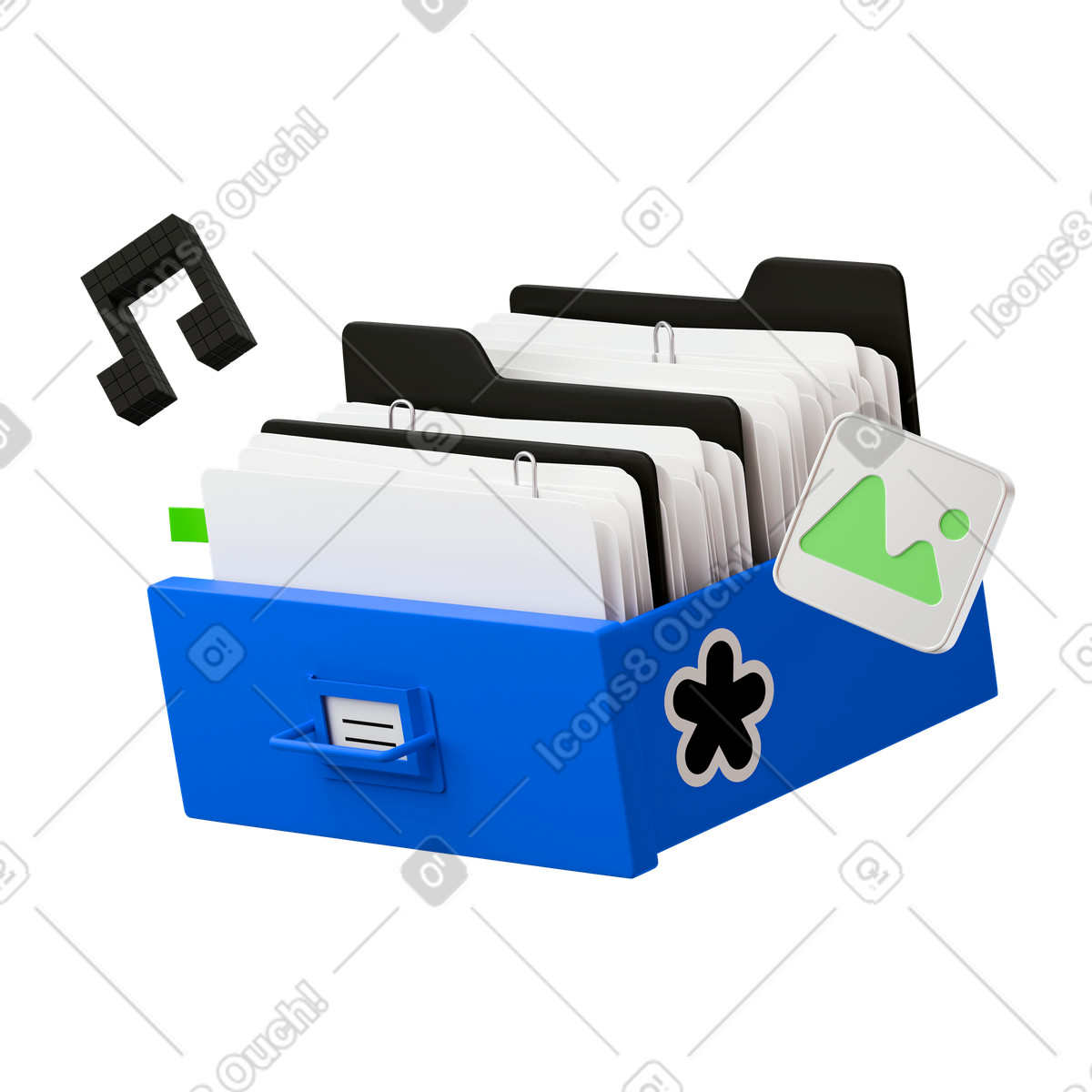 3D Stickle 스타일의 Storage drawer holding file folders for images and audio organization 애니메이션 일러스트레이션 GIF, Lottie(JSON), AE로 다운로드