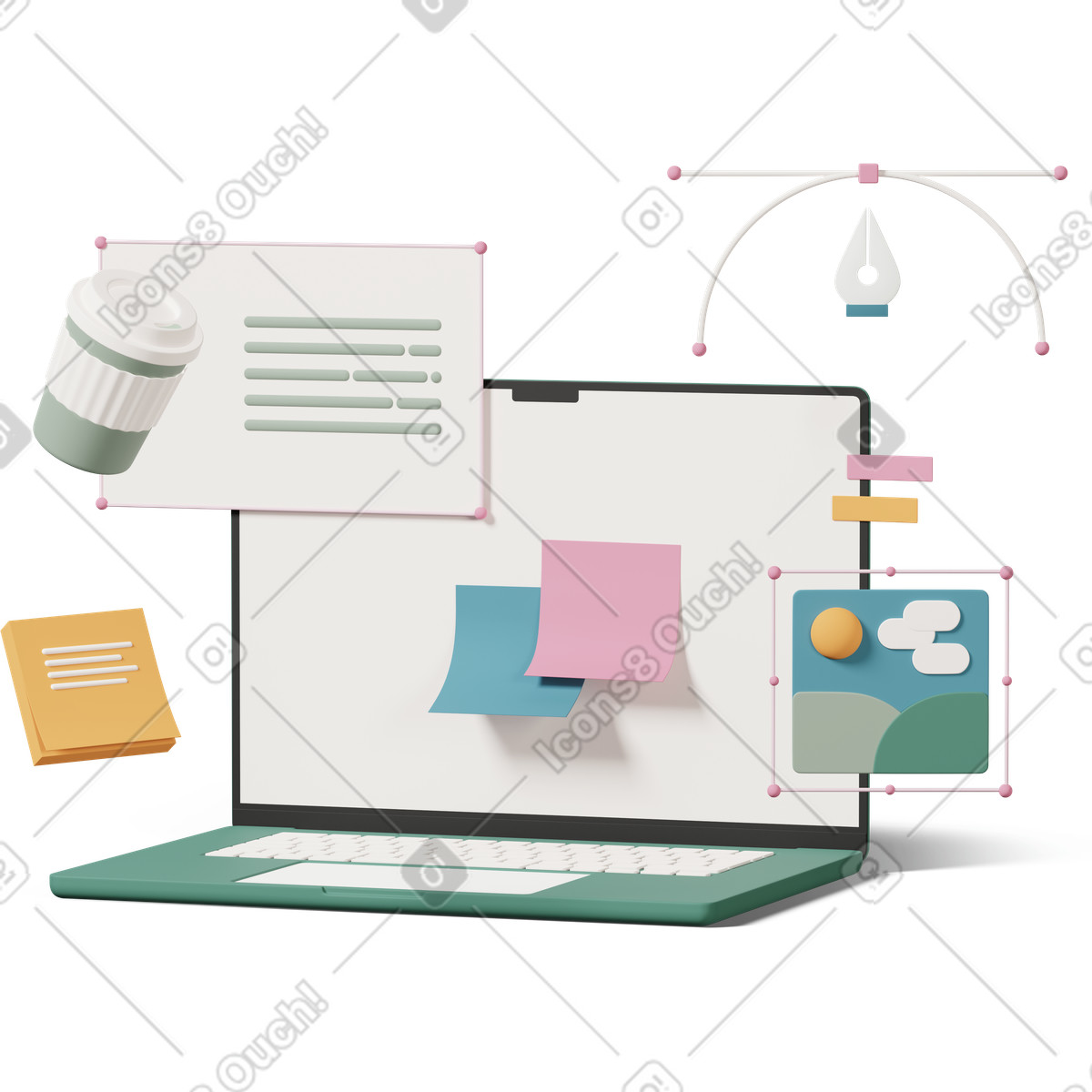 Иллюстрация Laptop with open article and notes в стиле 3D Casual life — скачать в форматах PNG, SVG