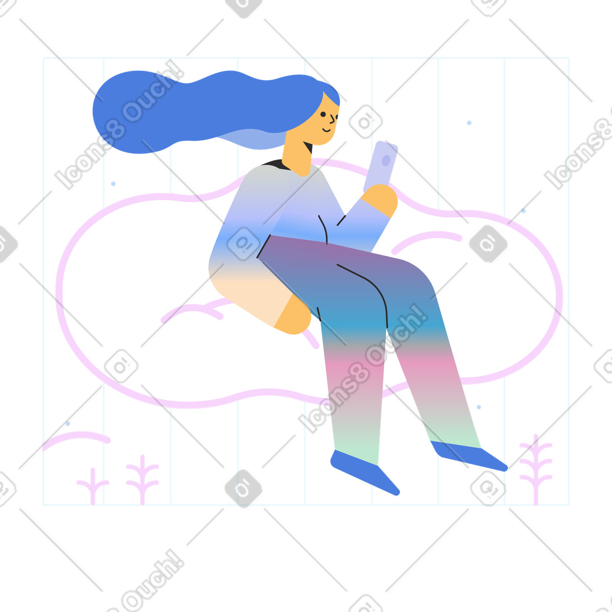 下载 Marginalia 风格的 坐在云上滚动手机的女人 插画，支持 PNG、SVG 格式