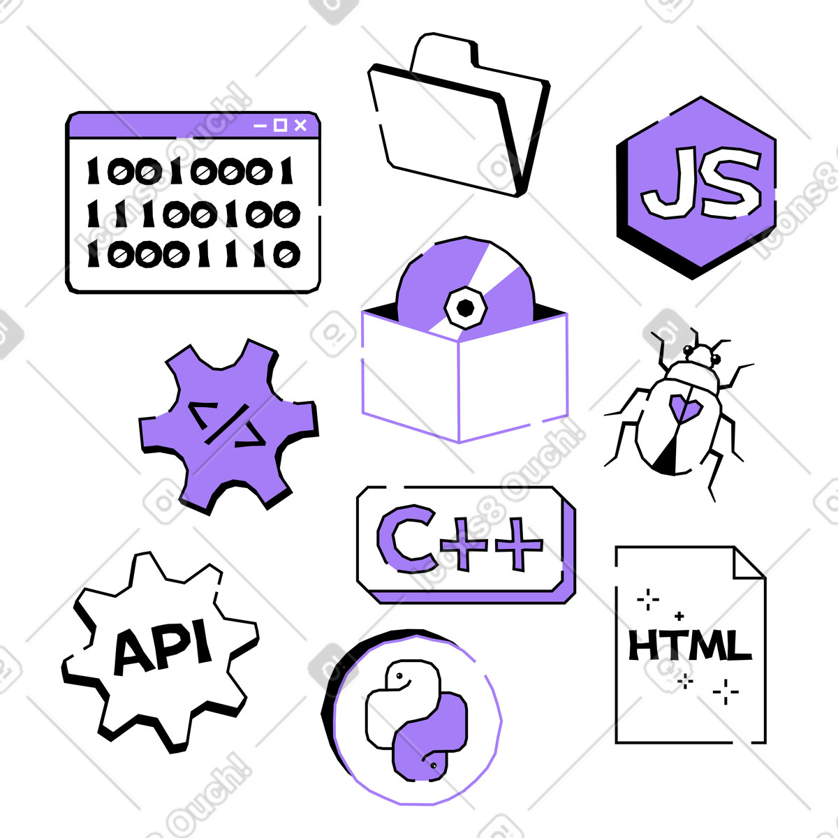 Programming and coding items sticker pack, Developer tools set illustration in PNG, SVG