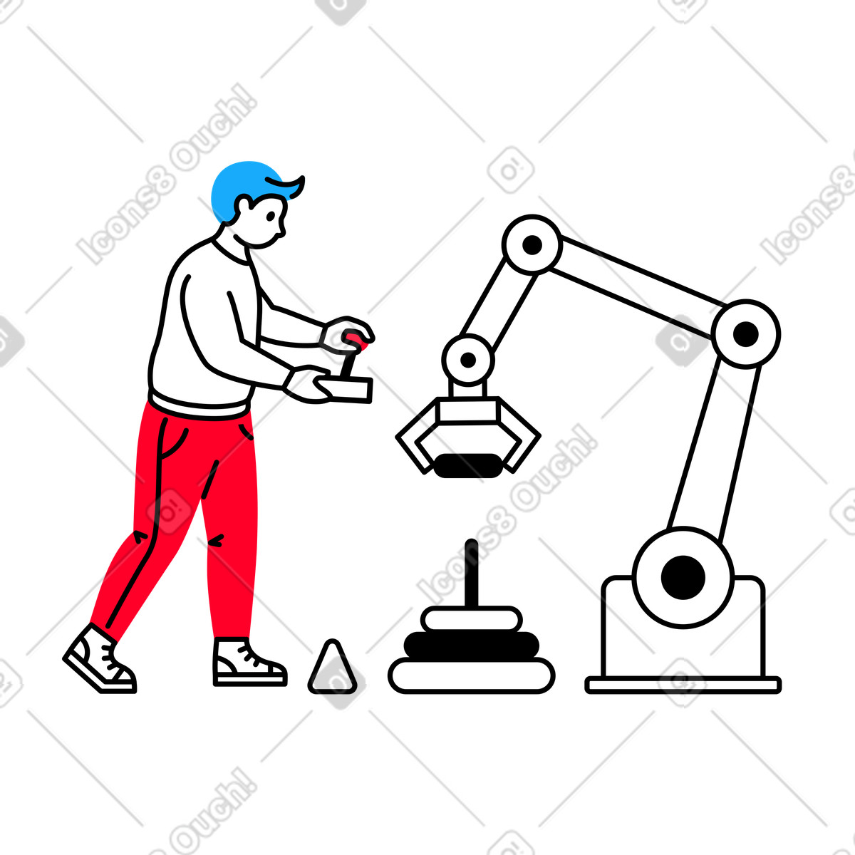 下载 Transistor 风格的 男子控制机械臂建造玩具金字塔 插画，支持 PNG、SVG 格式