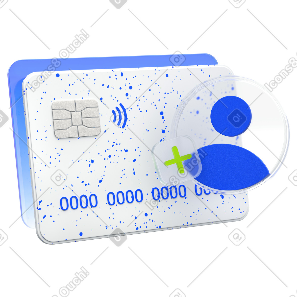 Ilustración Contactless debit card and add user icon, Joint payment account multi-user access en estilo 3D Enterprise a descargar en PNG y SVG