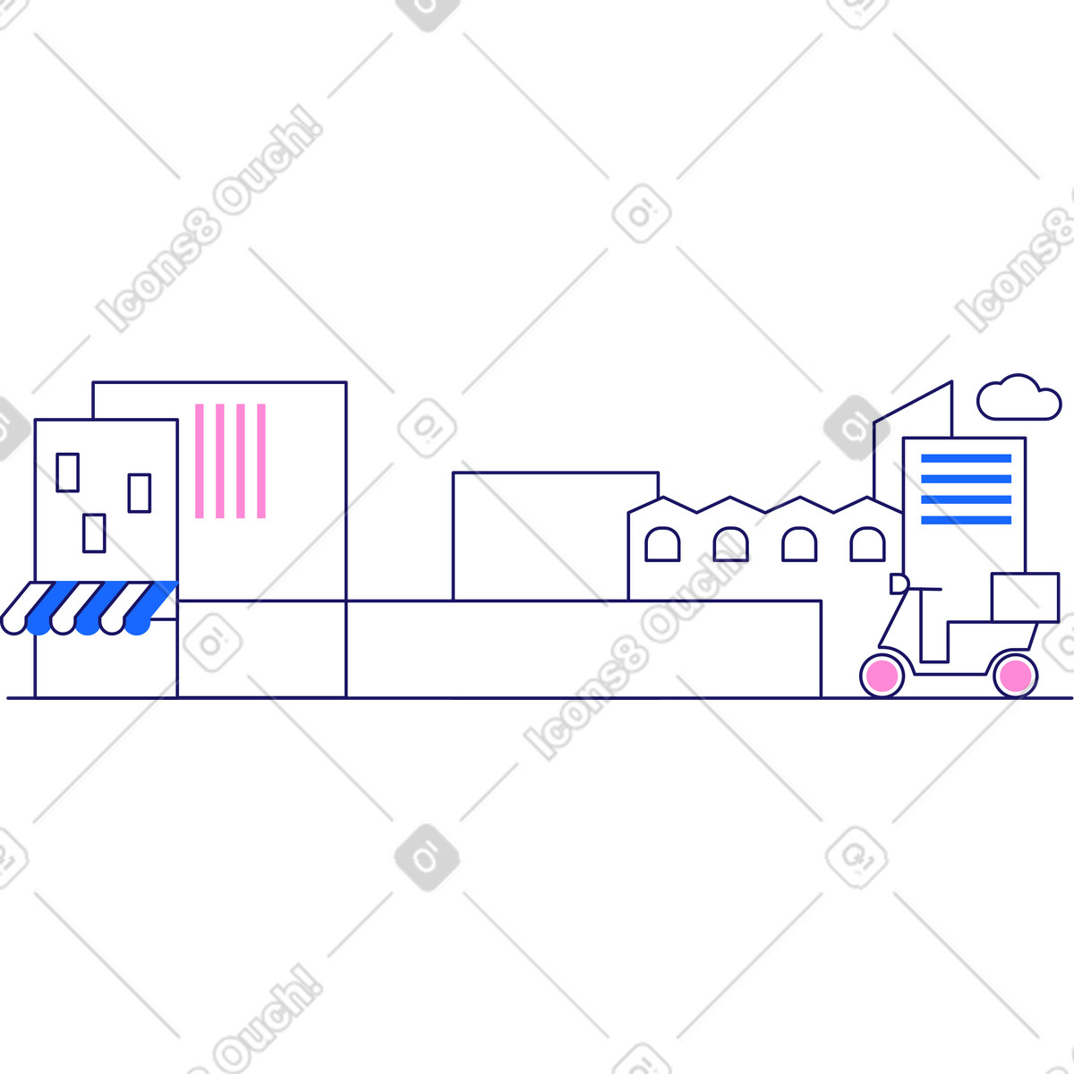 Stadt mit moped für den hintergrund-Illustration im Matey-Stil als Download in PNG, SVG