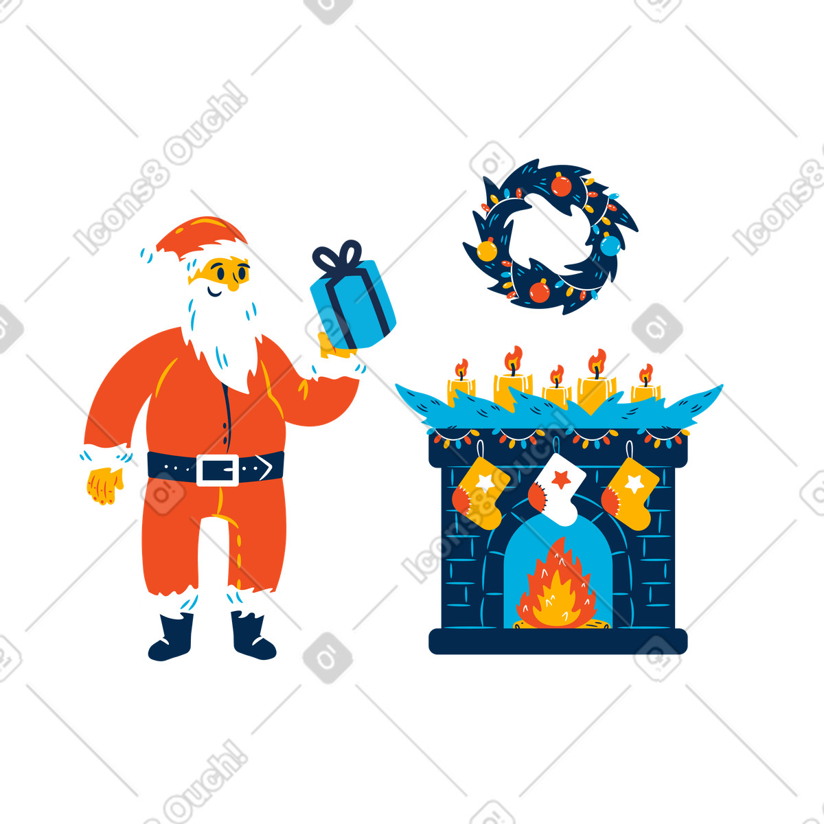 Flame 스타일의 Santa Claus delivering gift by fireplace, Winter holiday surprise 일러스트레이션 PNG, SVG 다운로드