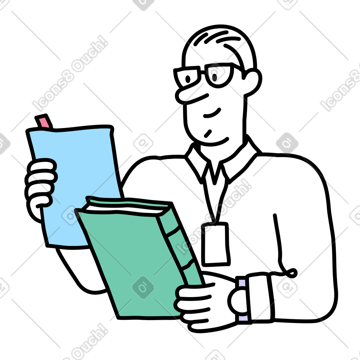 Uomo che tiene una cartella e legge un documento illustrazione in stile Notes scarica in PNG, SVG