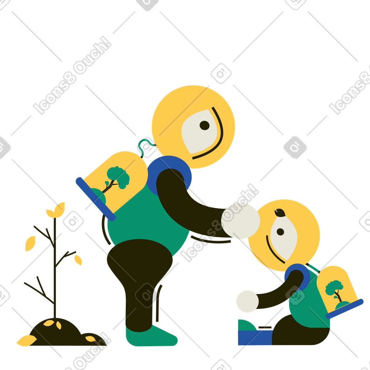 Parent and child using futuristic oxygen tanks illustration in Spot style download in PNG, SVG