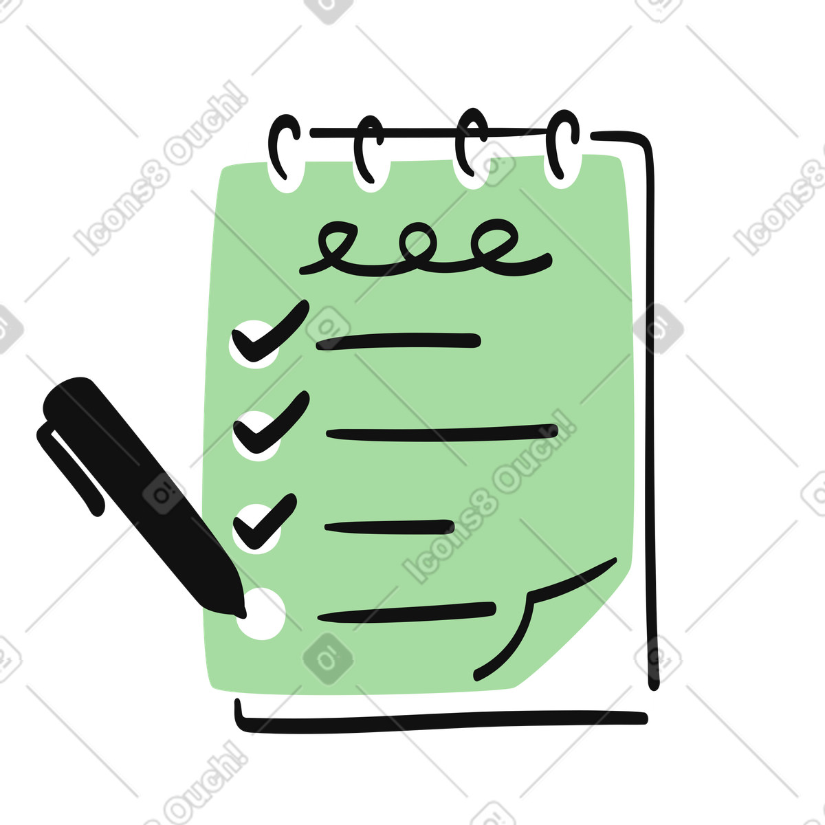 Checklist notebook with pen marking completed tasks and empty lines illustrazione in stile scarica in PNG, SVG